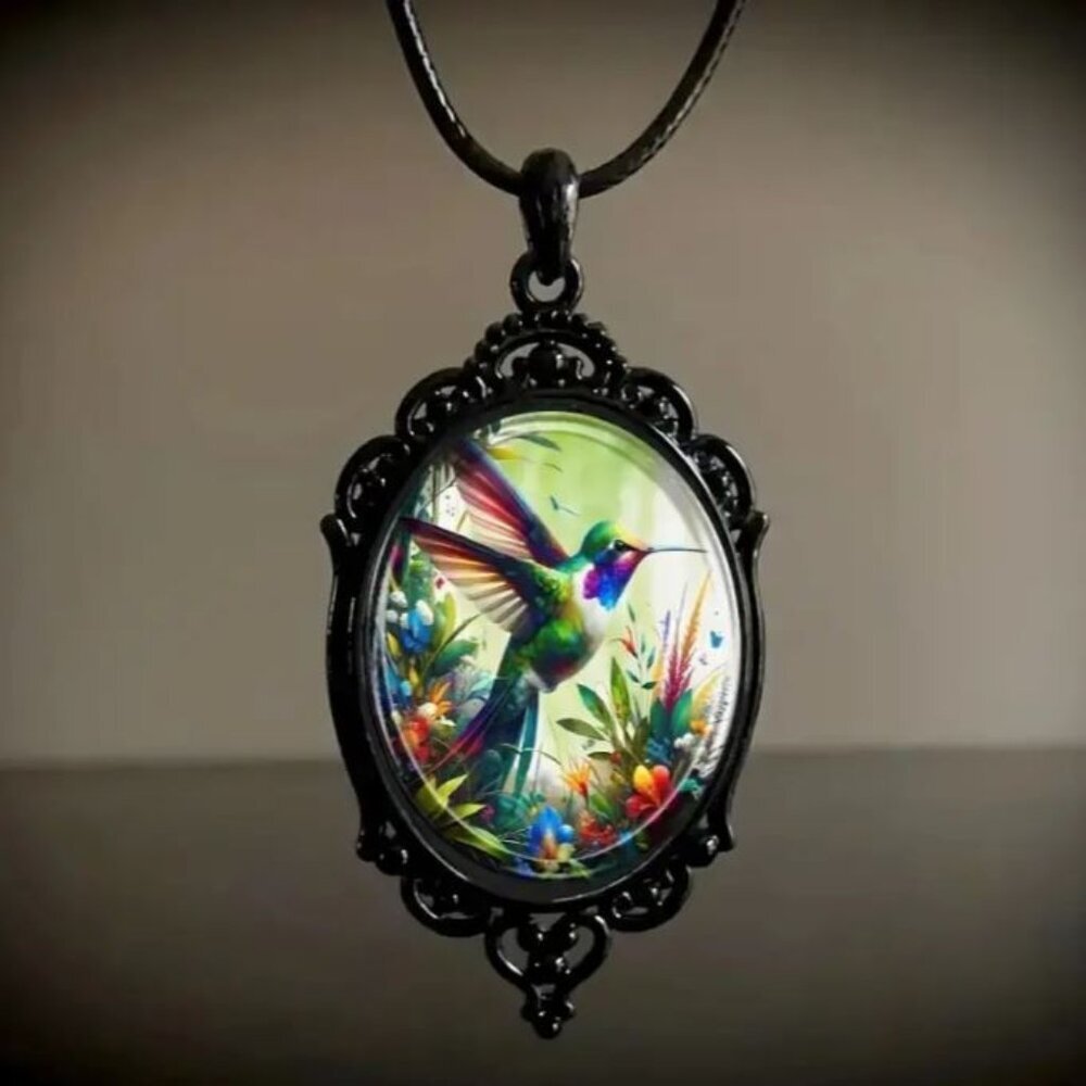 NEW Victorian Hummingbird Cabochon Black/Multicolor Pendant Necklace